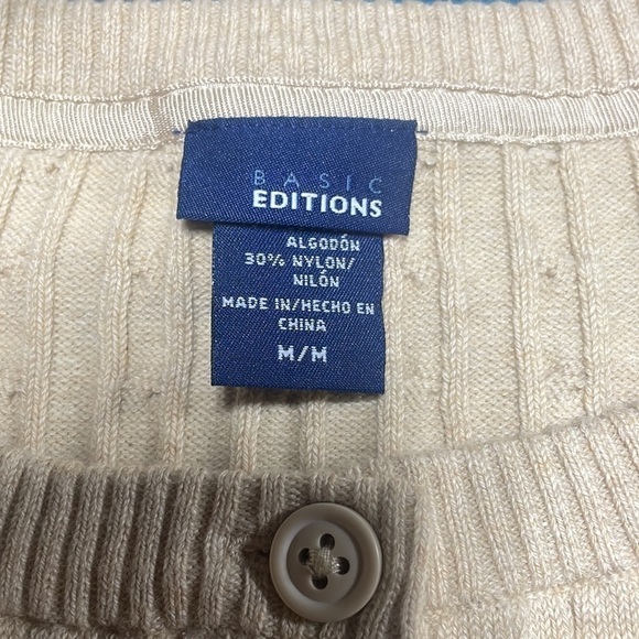 Basic Editions Beige Cotton Blend Cable Knit Cadigan Sz Medium - Picture 2 of 4